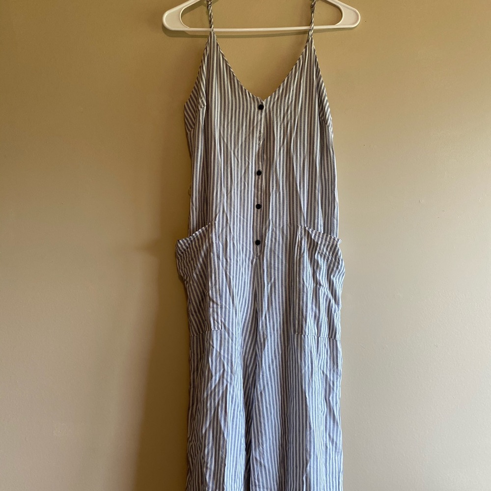 blue and white stripped romper